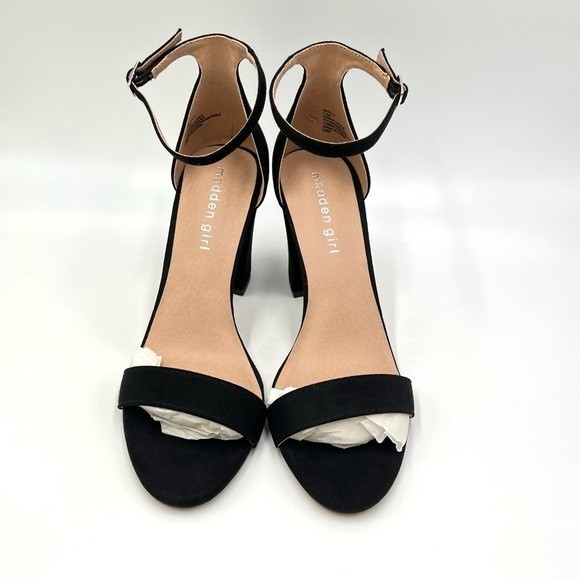 Madden Girl 7.5 Black Ankle Strap Vegan Suede Chunky Block Beella Heels Sandals - Picture 4 of 12